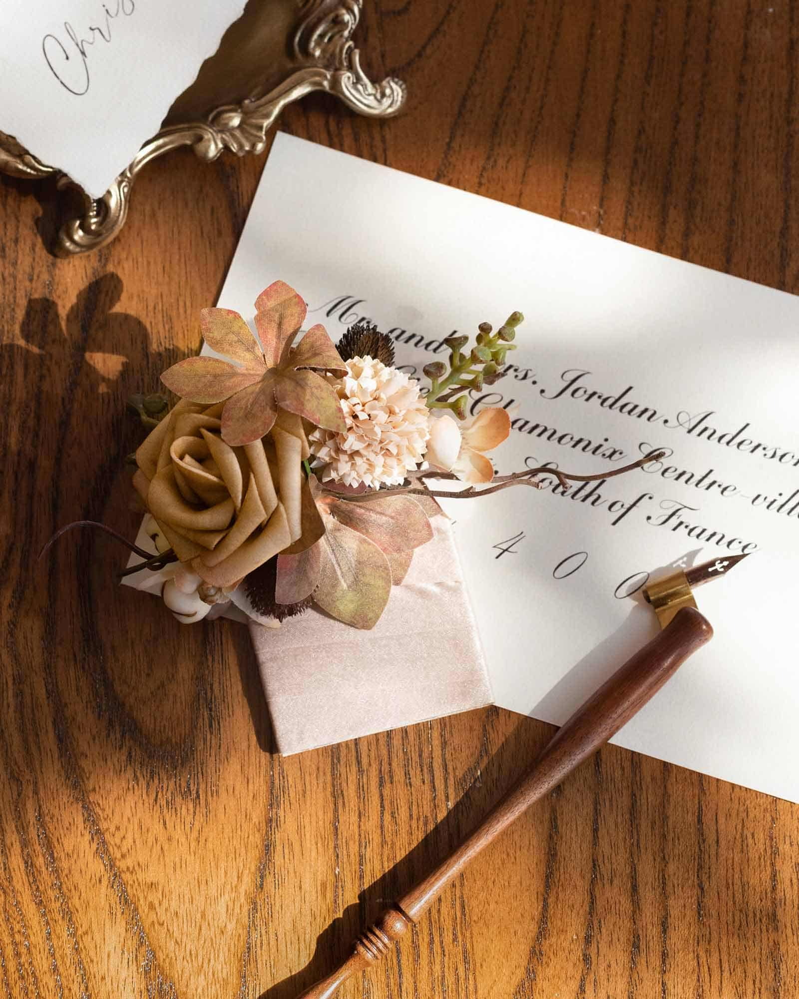 Pocket Square Boutonniere for Groom in Sand Beige & Toffee