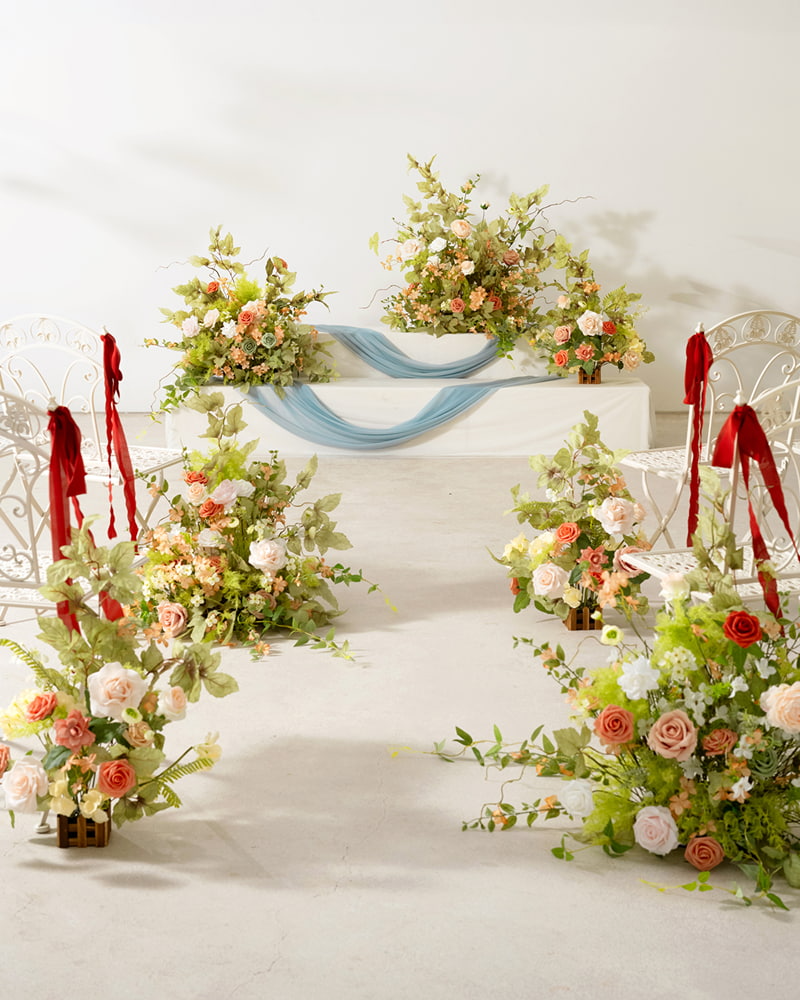 Wedding Aisle Runner Flower Arrangements in Garden Blush