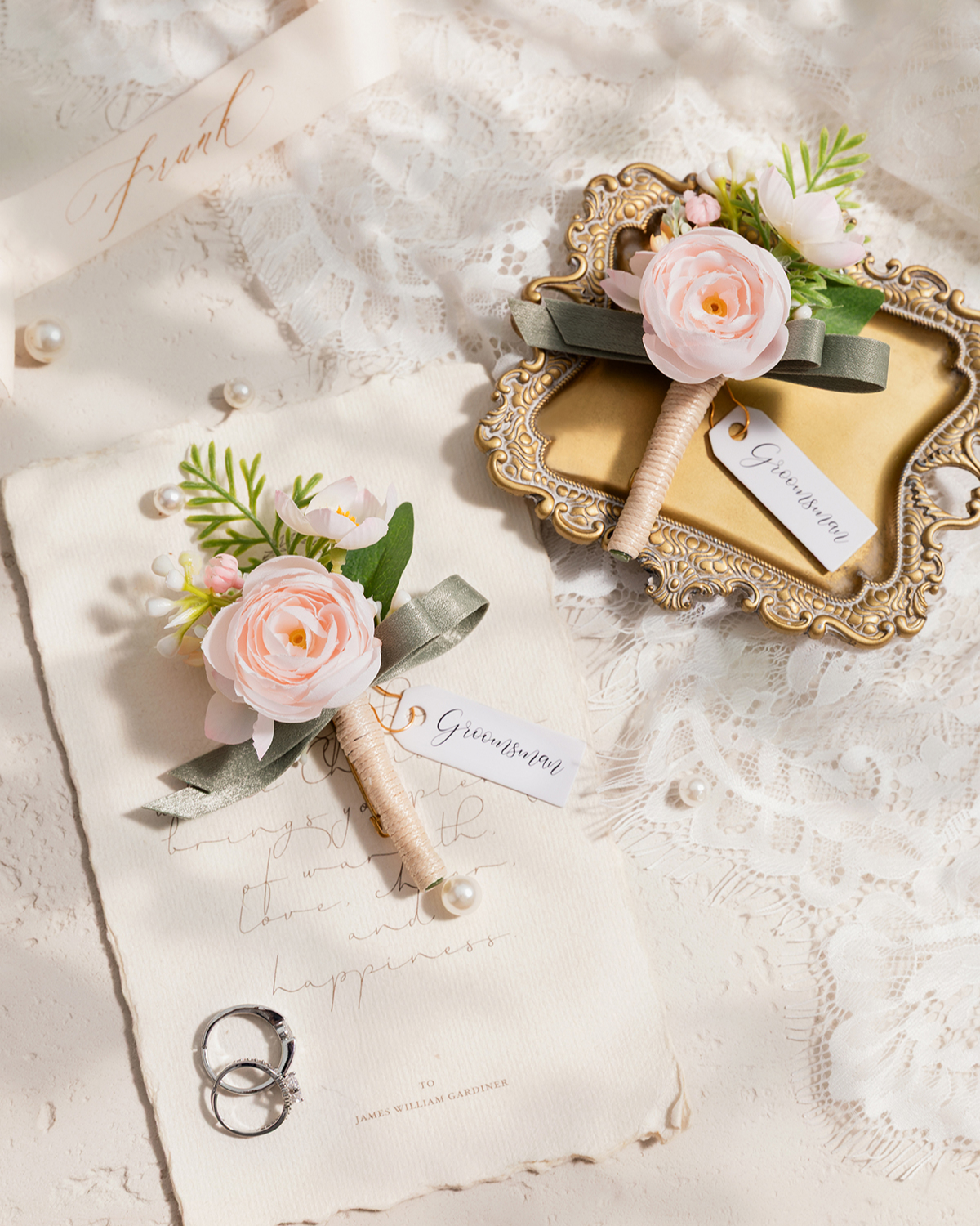 Boutonnieres in Blush & Cream