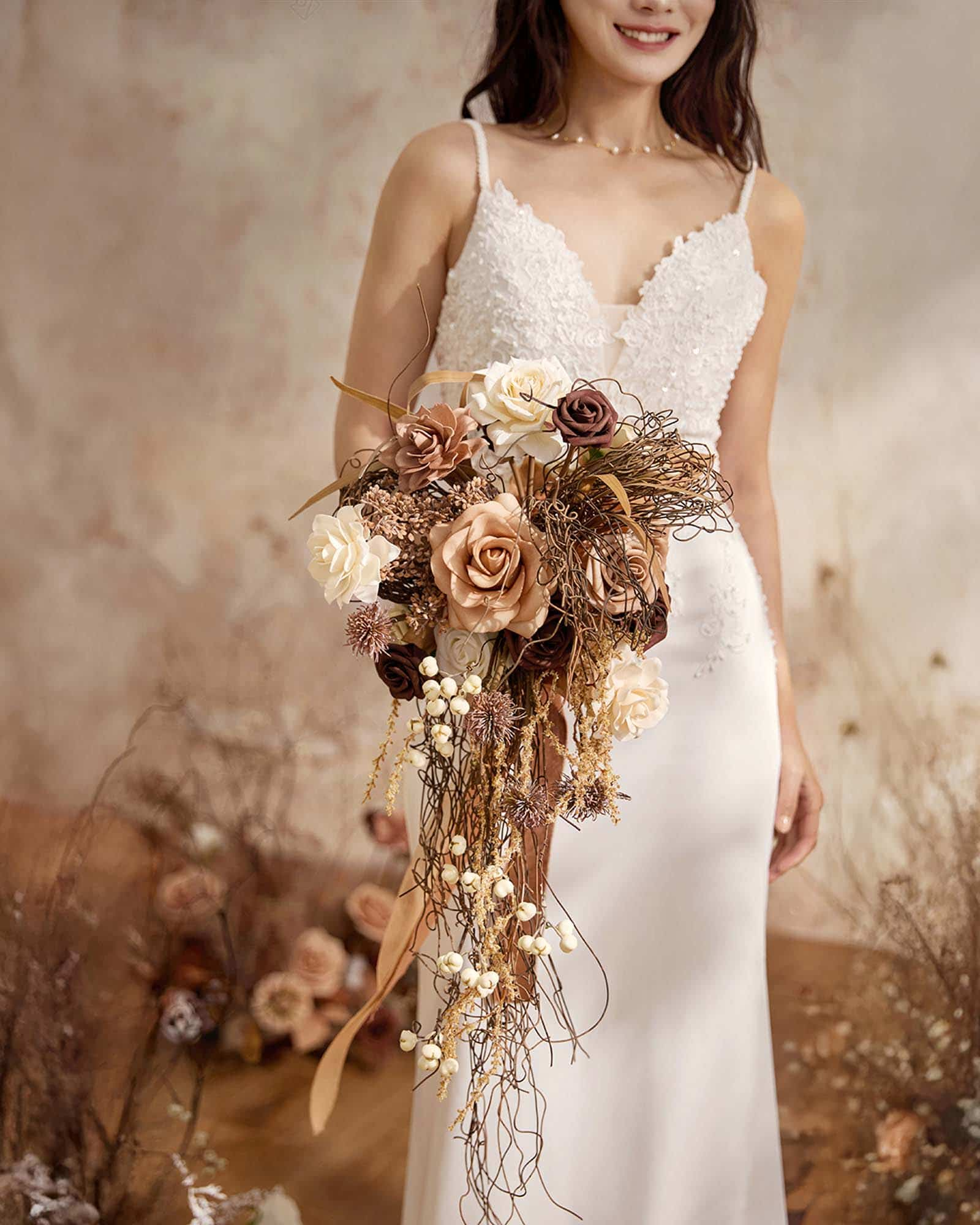 Small Cascade Bridal Bouquet in Beige Raw Serenity