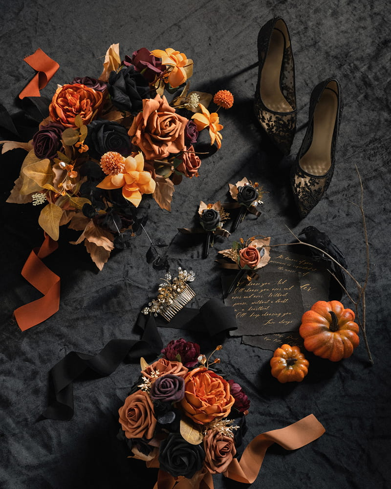 Round Bridesmaid Bouquets in Black & Pumpkin Orange