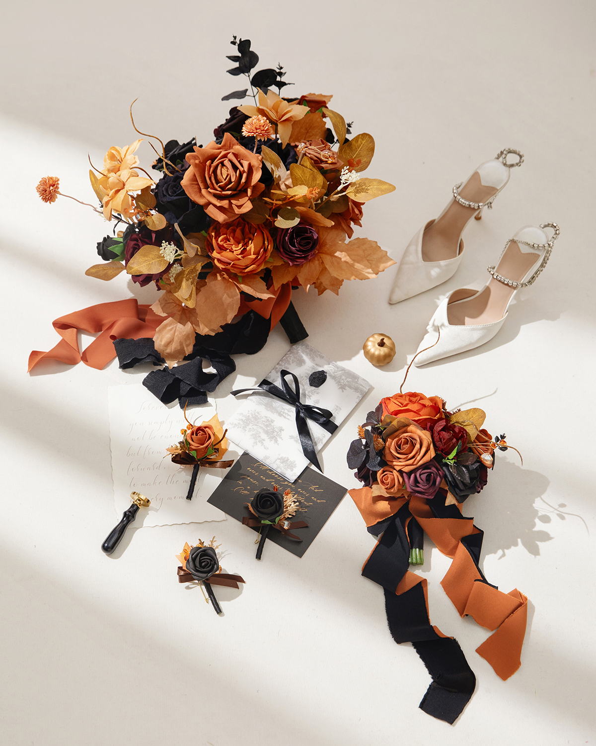 Bridesmaid Bouquets in Black & Pumpkin Orange