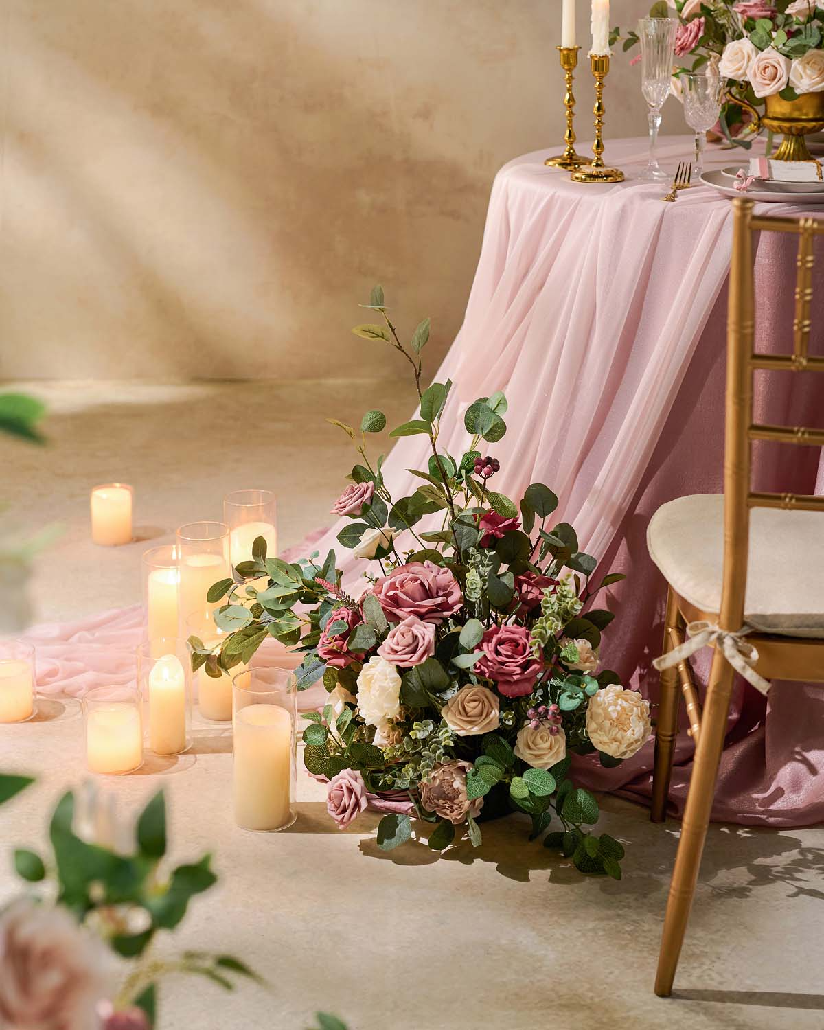 Wedding Aisle Runner Flower Arrangement in Dusty Rose & Cream