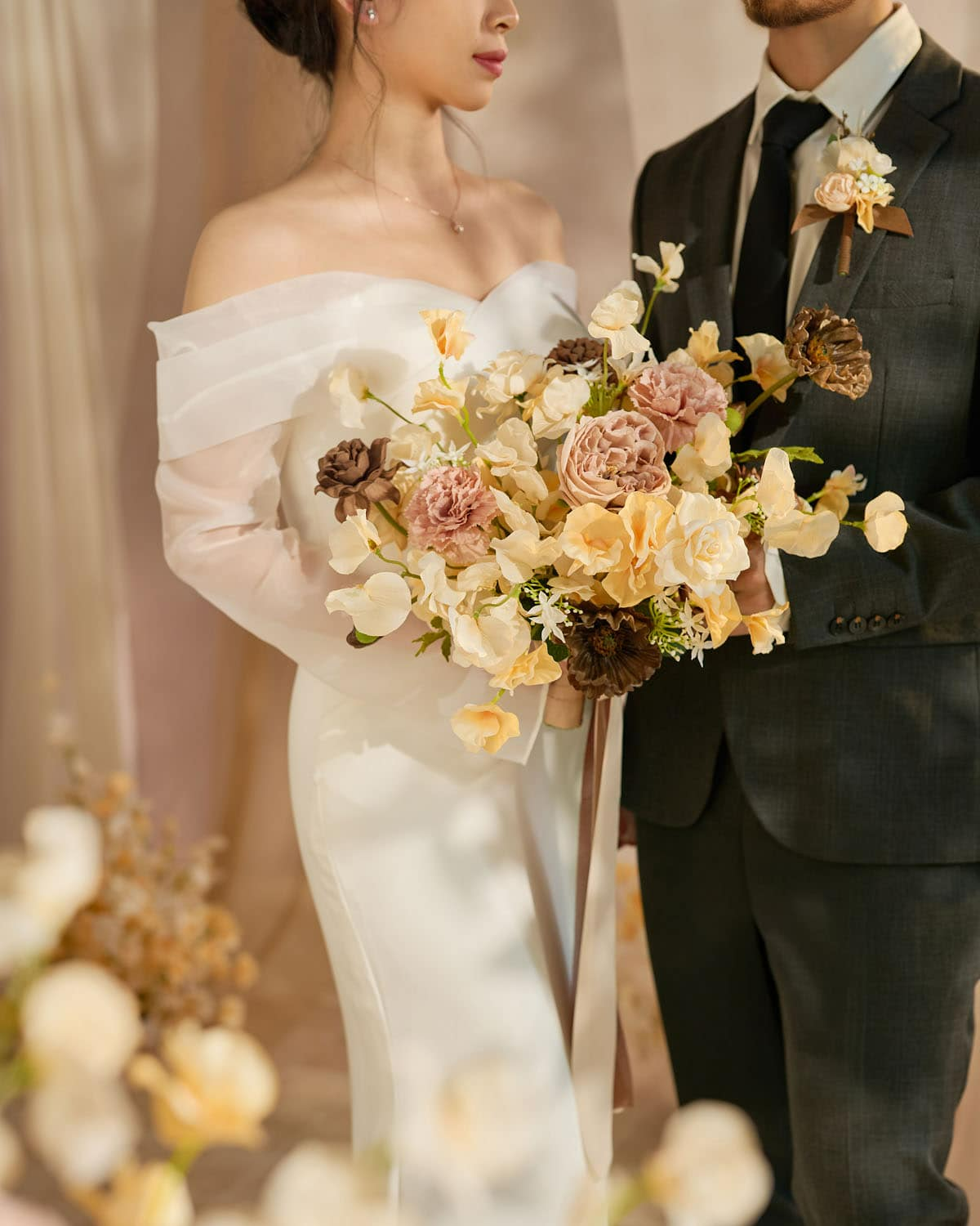Small Free-Form Bridal Bouquet in Earth Brown & Butter Yellow