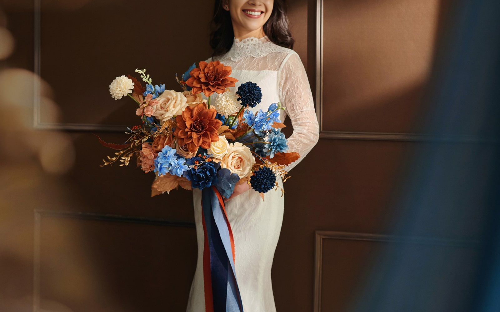 Medium Free-Form Bridal Bouquet in Russet Orange & Denim Blue