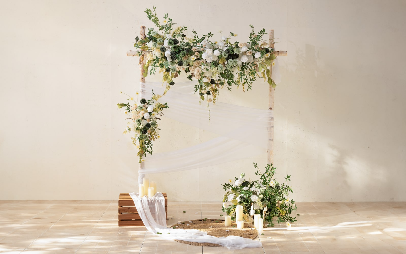 Flower Arch Decor with Drapes in Emerald & Tawny Beige