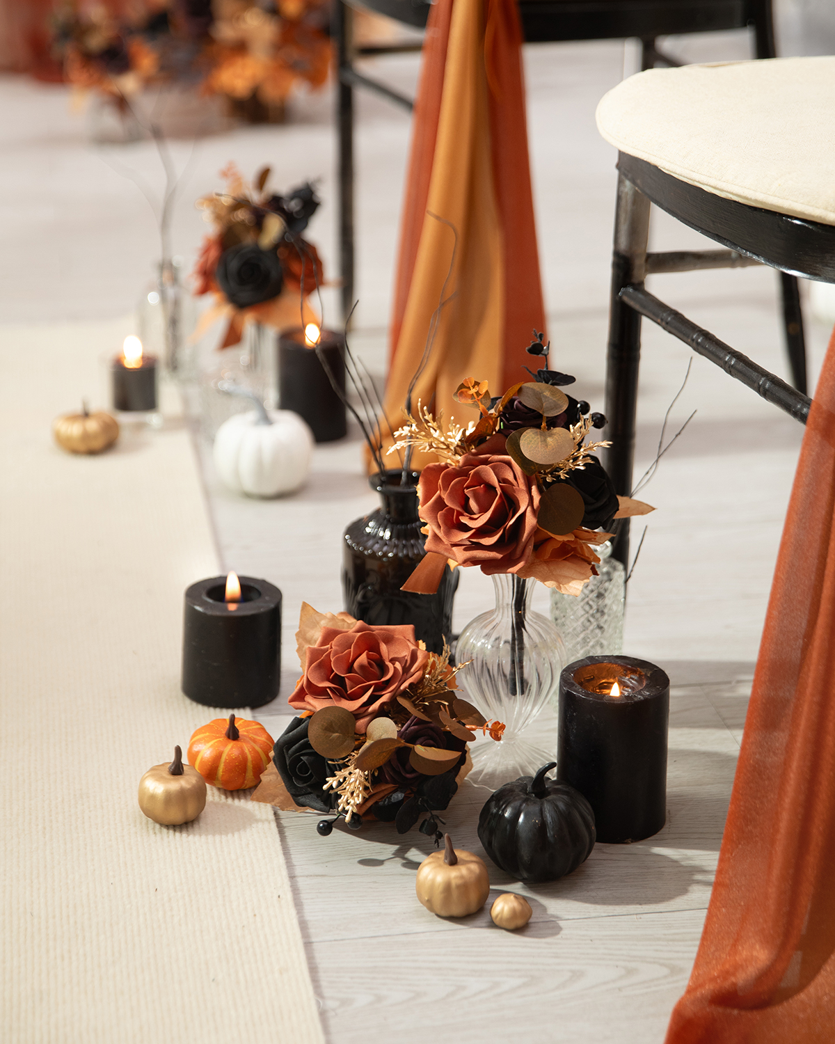 Flower Centerpiece Set in Black & Pumpkin Orange