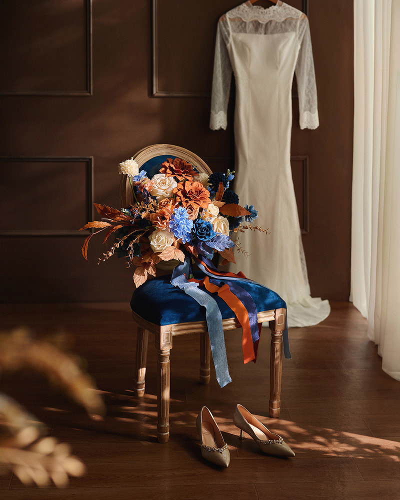 Medium Free-Form Bridal Bouquet in Russet Orange & Denim Blue