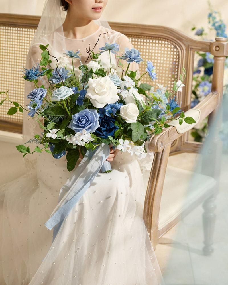 Medium Free-Form Bridal Bouquet in Timeless French Blue & White