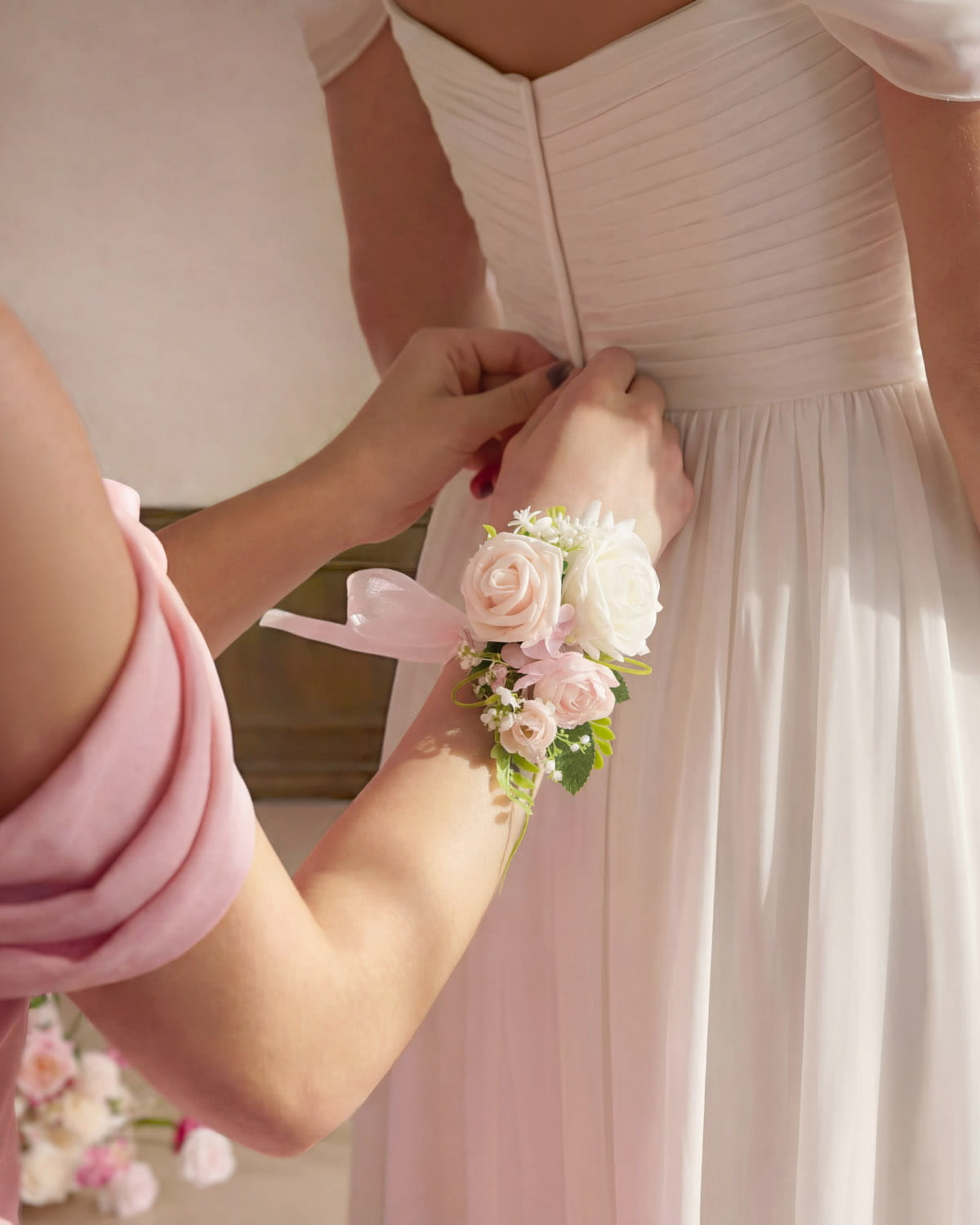 Wrist and Shoulder Corsages in Dusty Rose & Cream