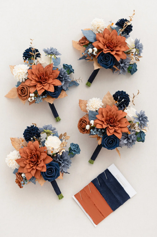 Round Bridesmaid Bouquets in Russet Orange & Denim Blue