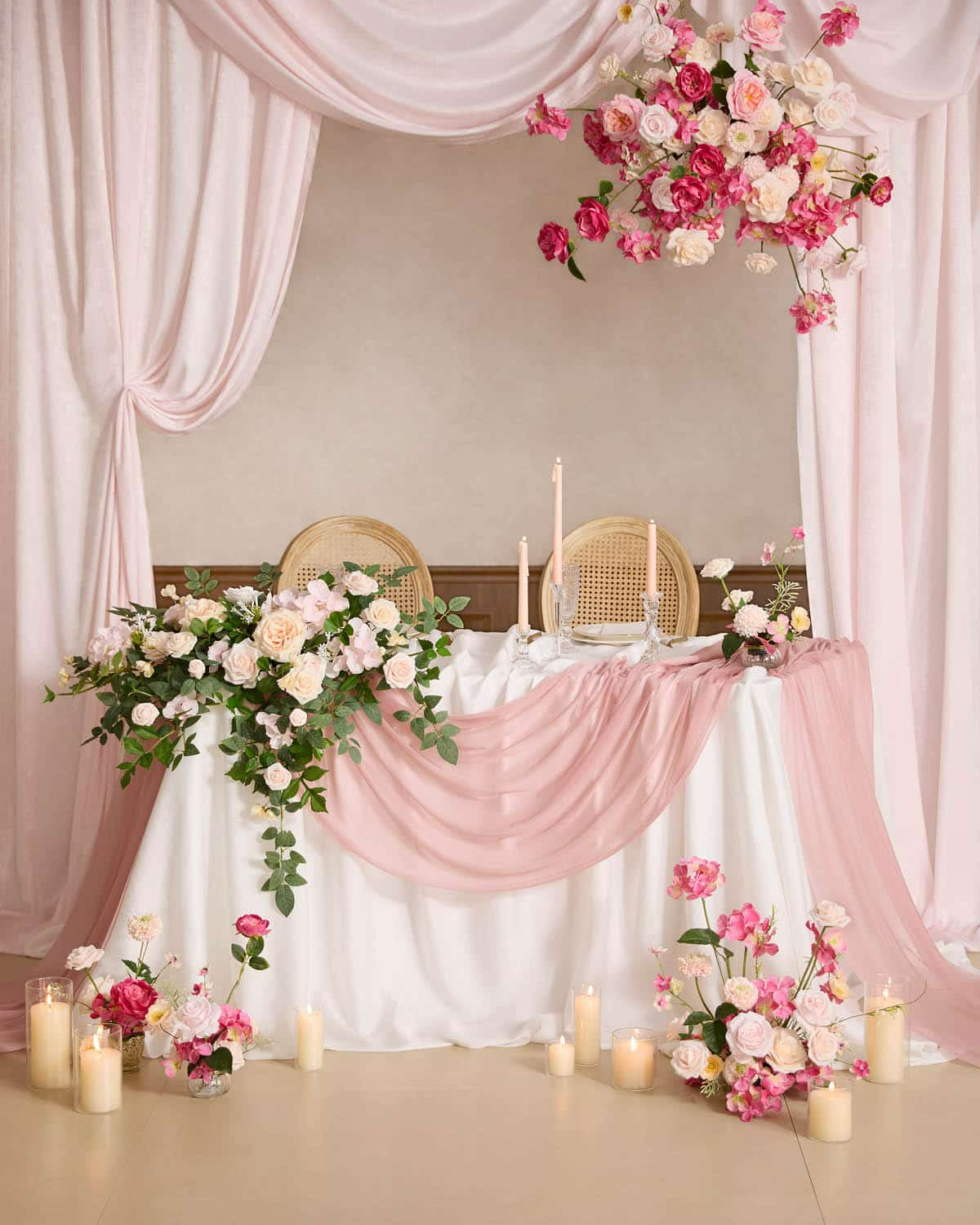 Romantic Sheer Table Runner 29" w x 14ft in Dusty Rose & Cream