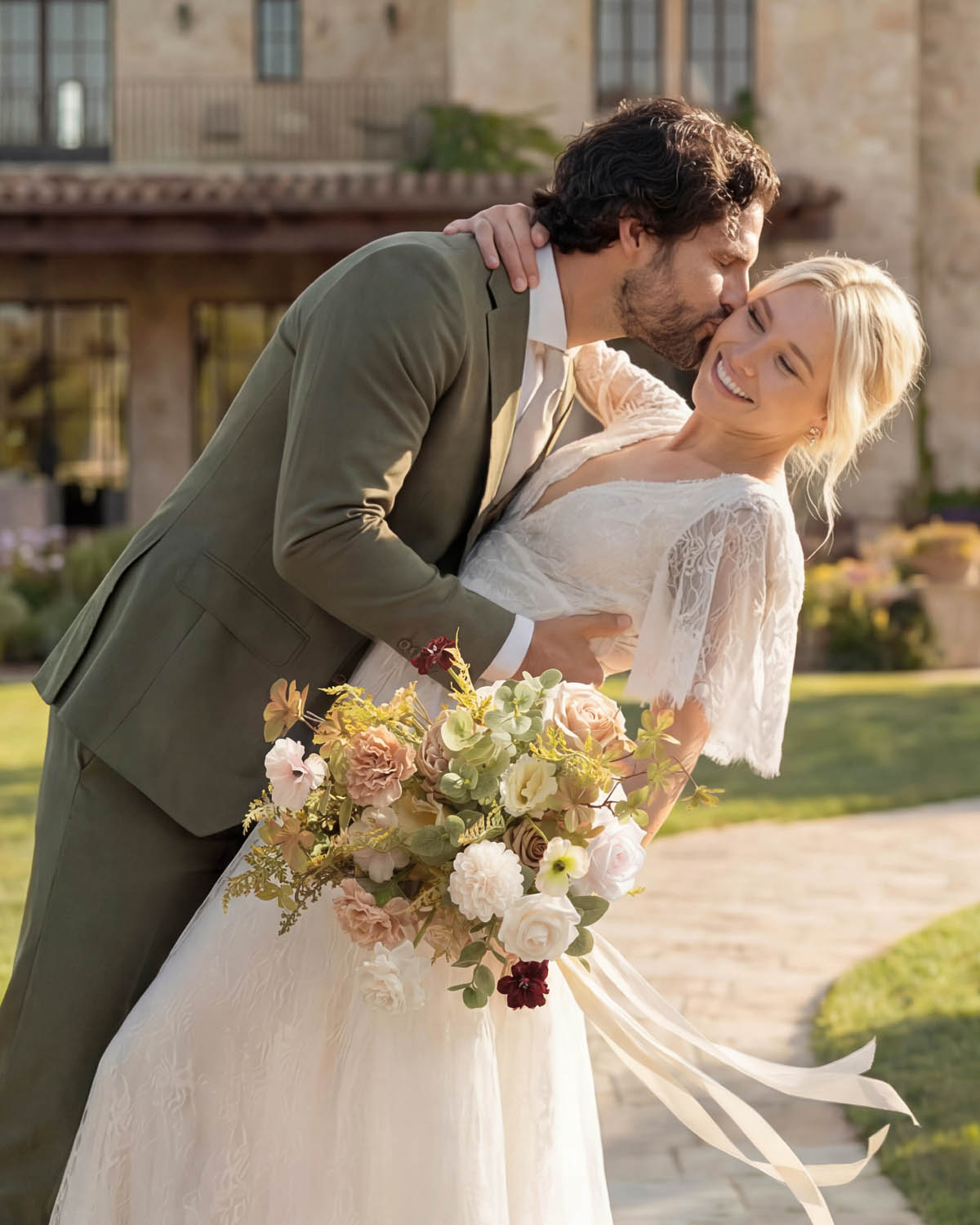 Small Free-Form Bridal Bouquet in Powder Pink & Olive Green