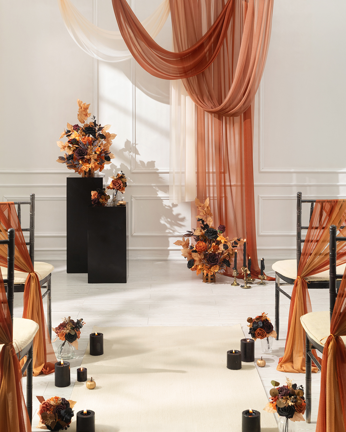 Arch Drapes Set in Warm Sunset Terracotta