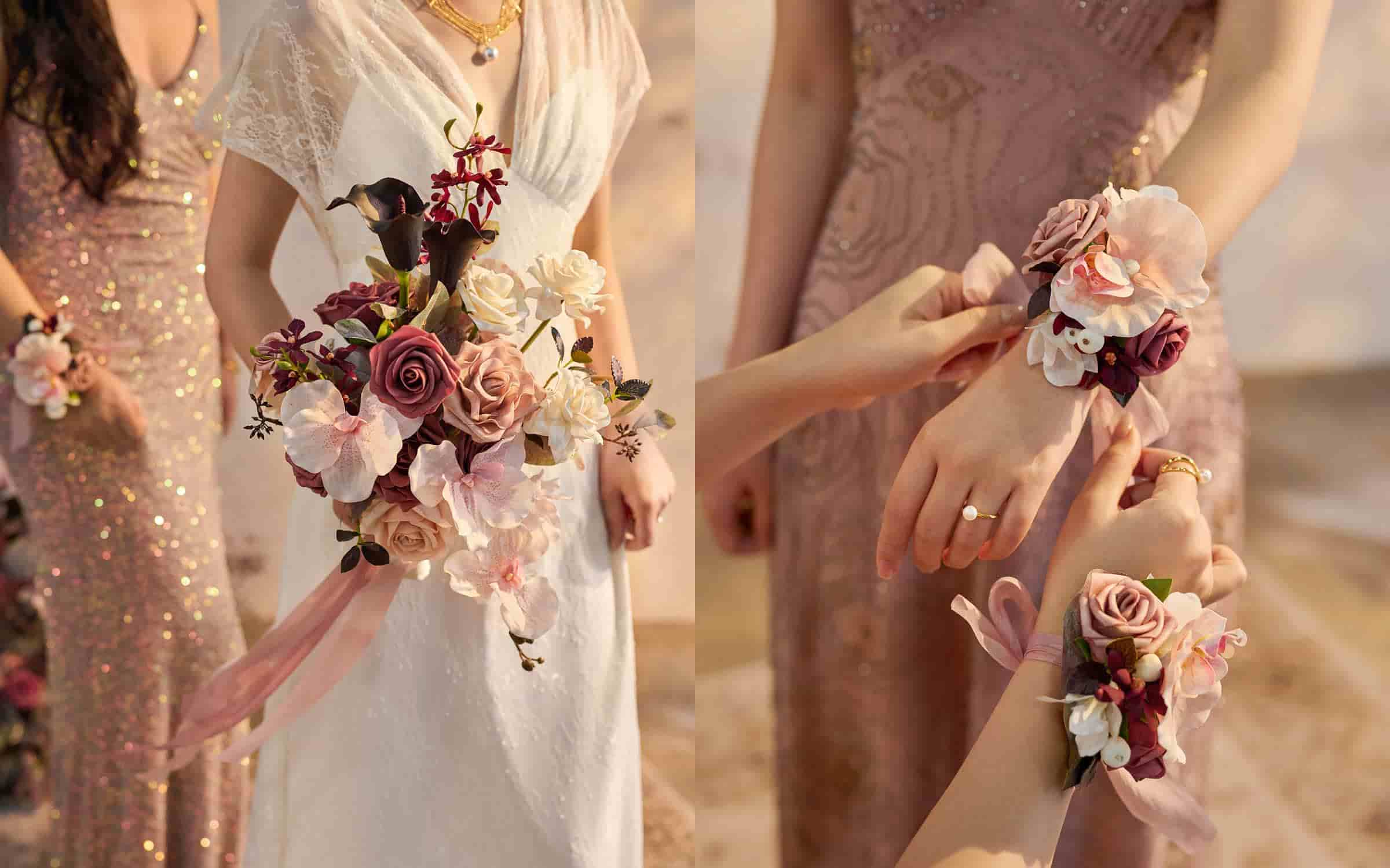 Wrist and Shoulder Corsages in Flowing Mauve Romance