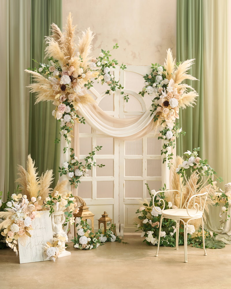 Flower Arch Decor with Drapes in White & Beige