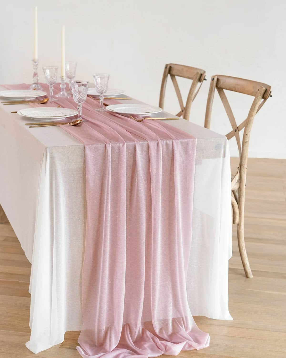 Romantic Sheer Table Runner 29" w x 14ft in Dusty Rose & Cream