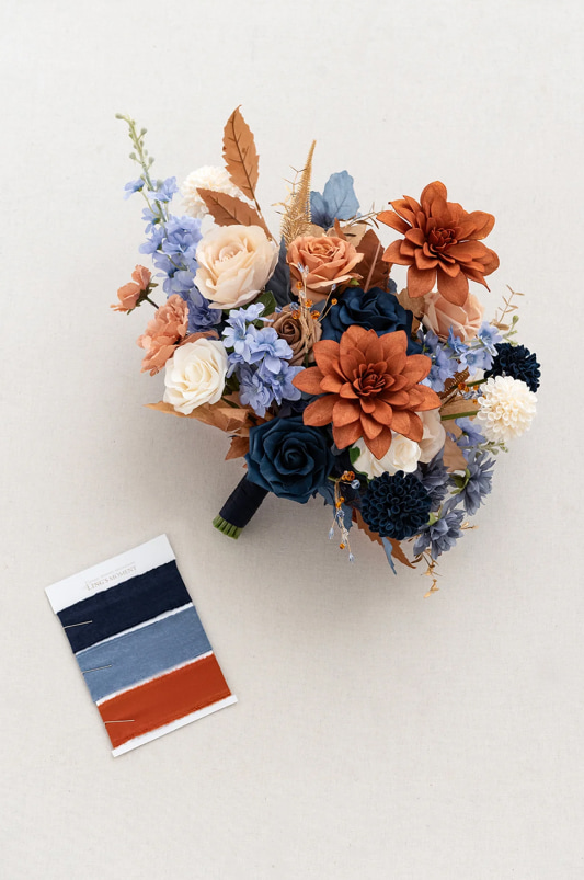 Small Free-Form Bridal Bouquet in Russet Orange & Denim Blue