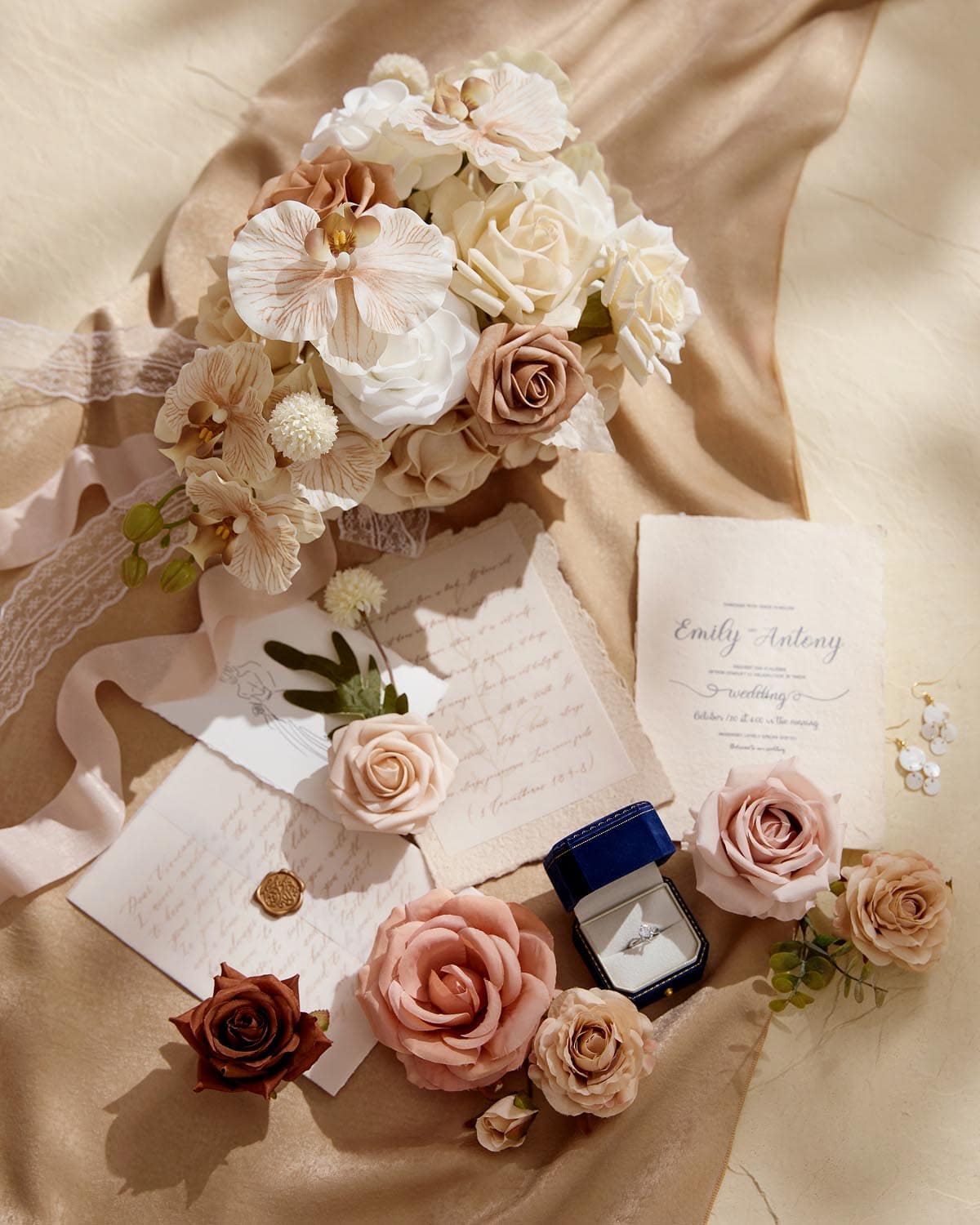 Small Cascade Bridal Bouquet in Tawny Beige & Sand Beige