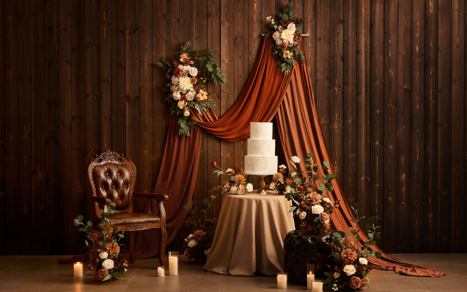 Flower Arch Decor with Drapes in Sunset Terracotta