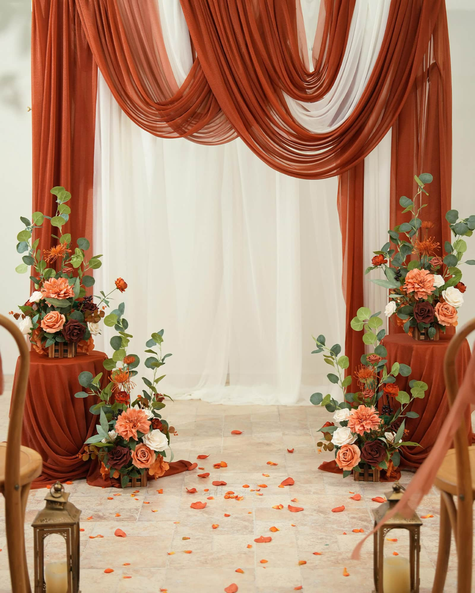 Flower Arch Decor with Drapes in Sunset Terracotta