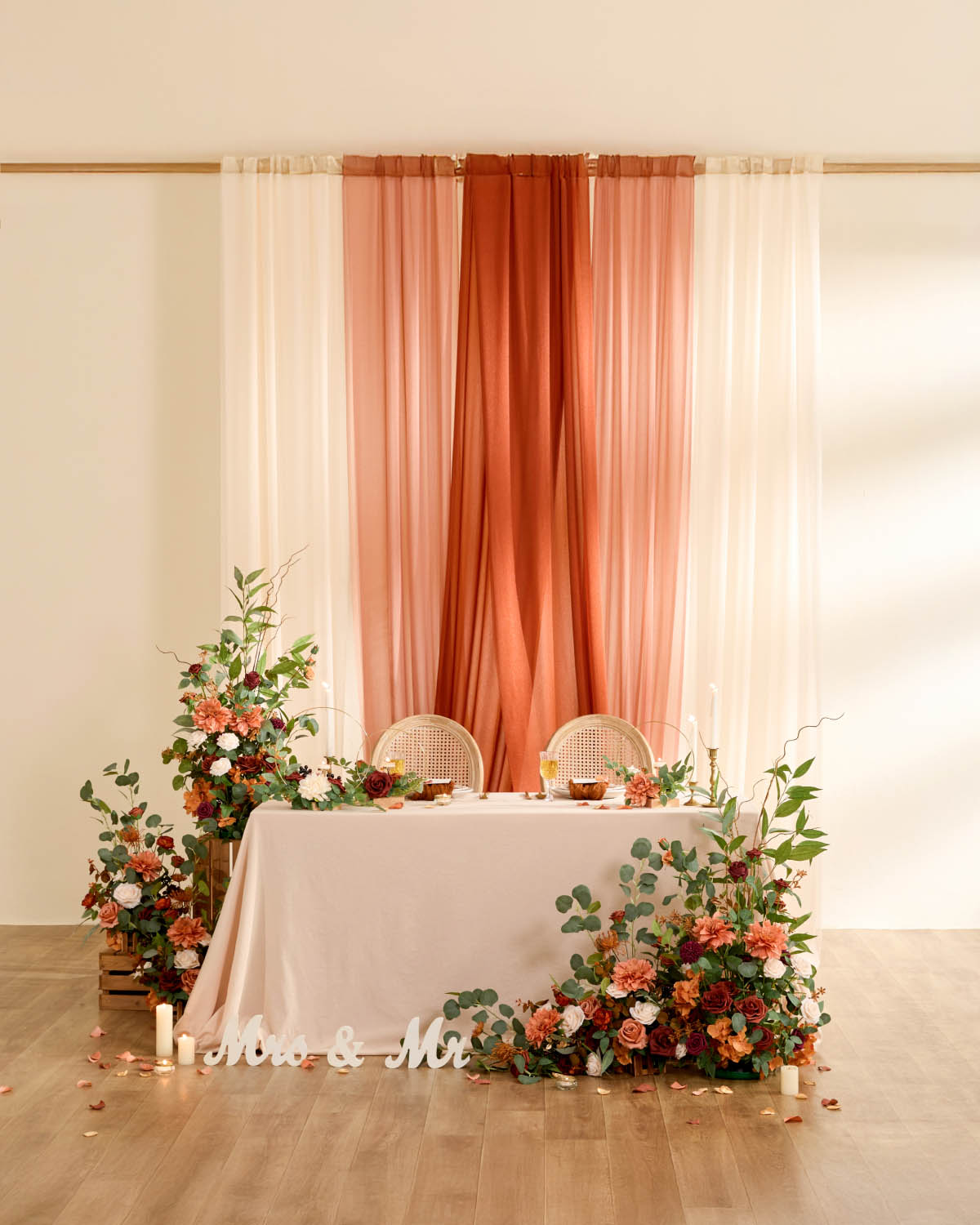  Arch Decor with Drapes in Caramel & Burnt Orange