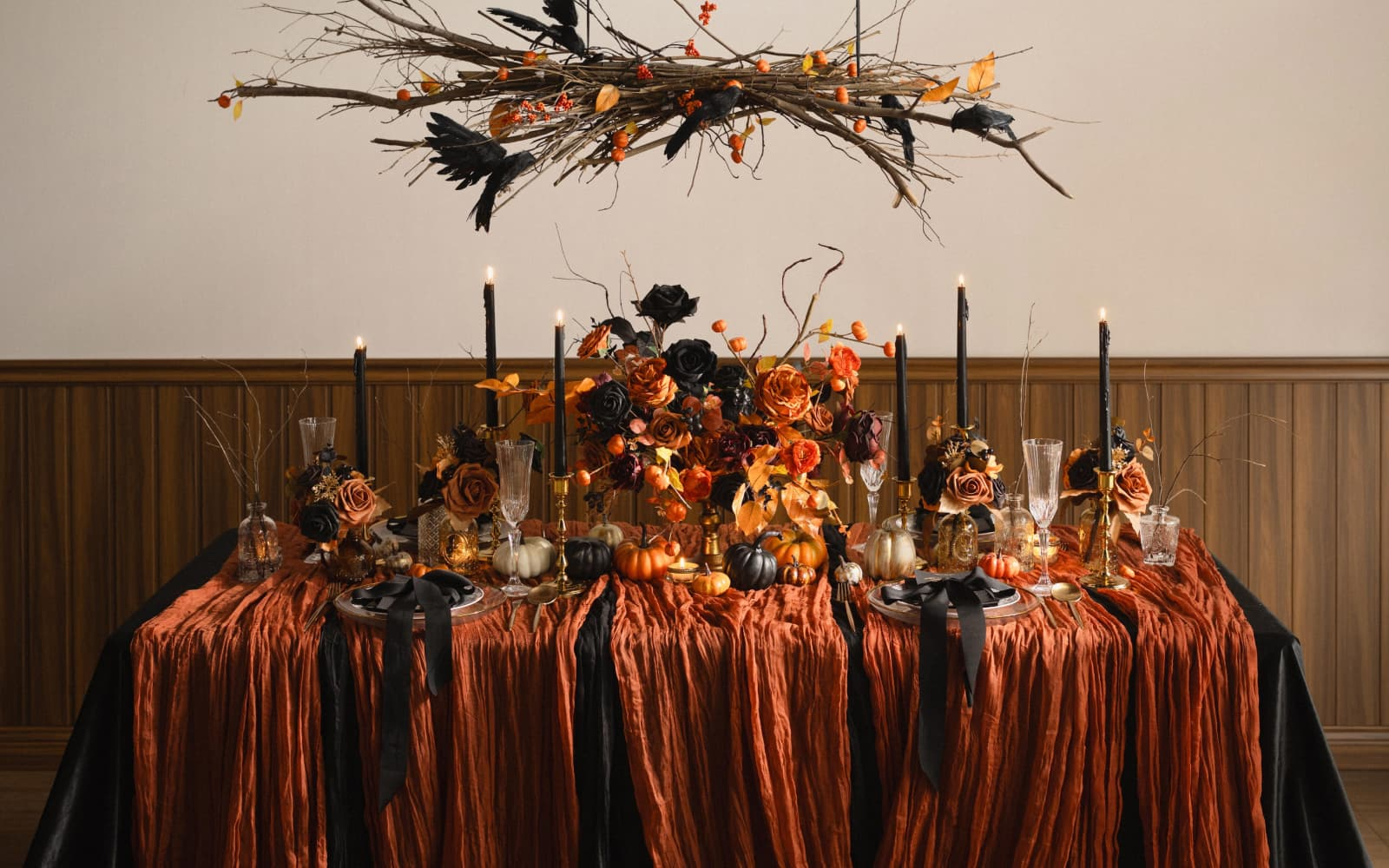 Mini Premade Flower Centerpiece Set in Black & Pumpkin Orange