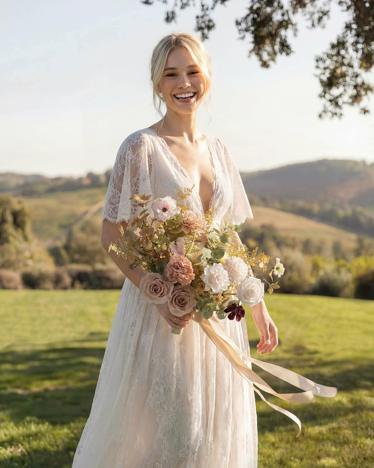 Small Free-Form Bridal Bouquet in Powder Pink & Olive Green