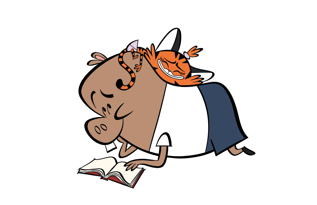 illustrated characters reading