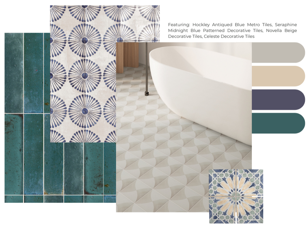 Dorchester Aged White tiles with island and stools with wooden beams on the walls 