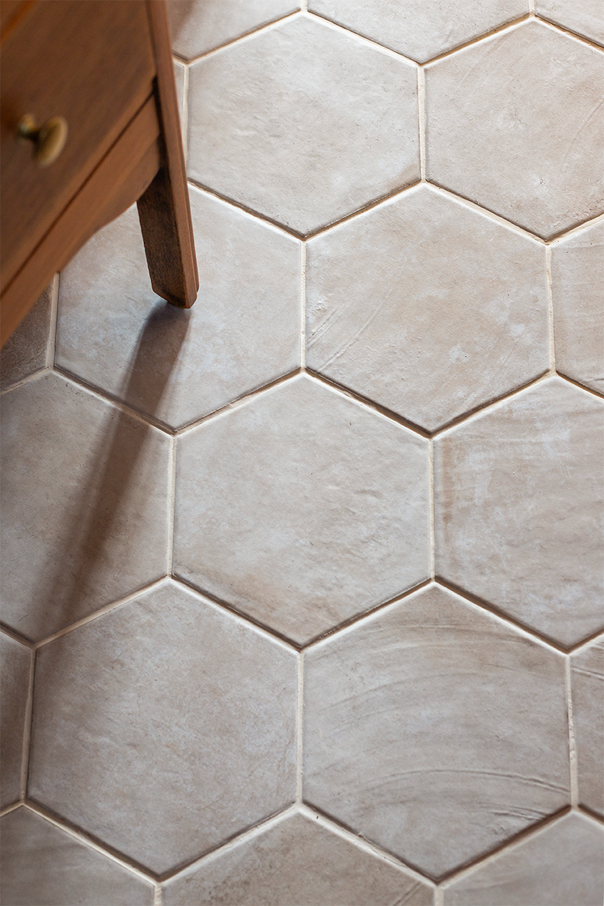 hexagon tiles in rustic white terracotta