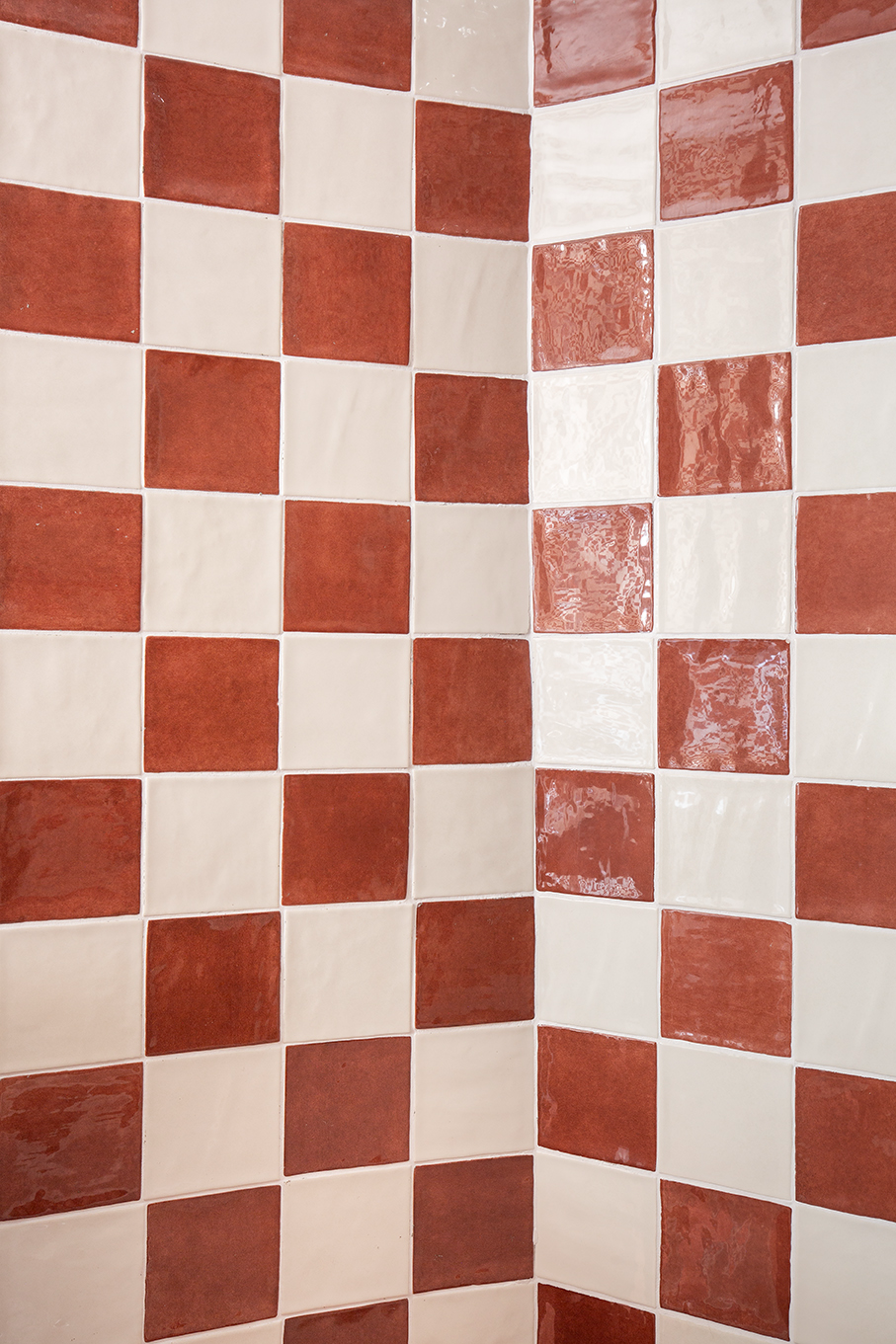Farini chalk and cinnamon square tiles in a checkerboard pattern