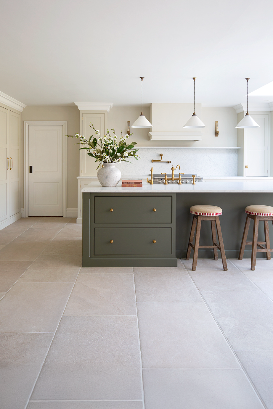 Lullington Beige Kitchen Stone Effect Porcelain Tiles in Green Kitchen