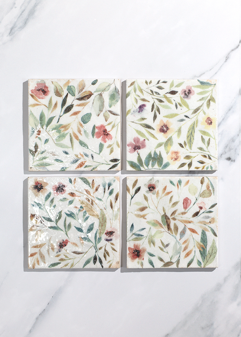vintage floral glazed decorative tiles pink and green