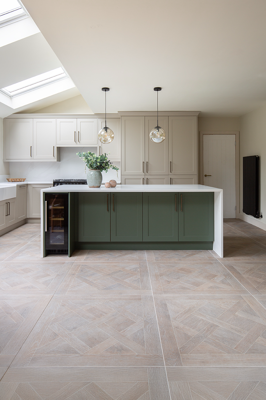 parquet wood effect oak floor tiles green kitchen island