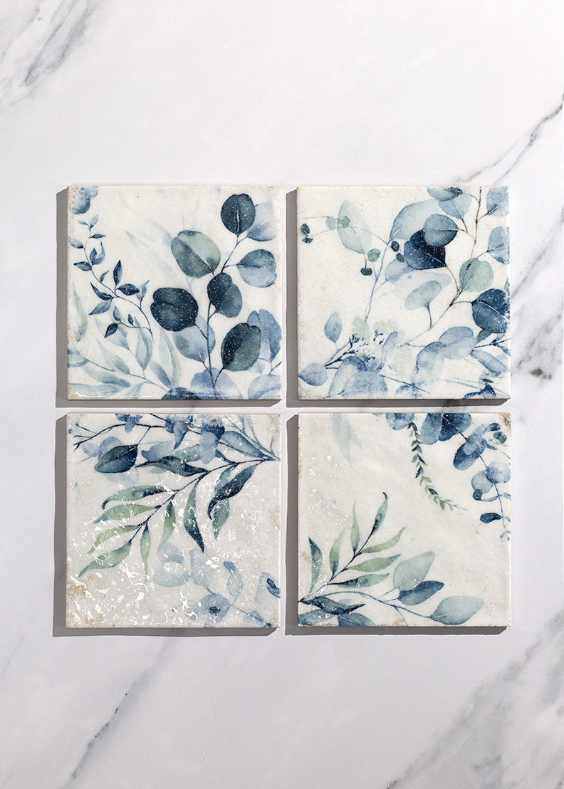 vintage floral glazed decorative tiles blue and white