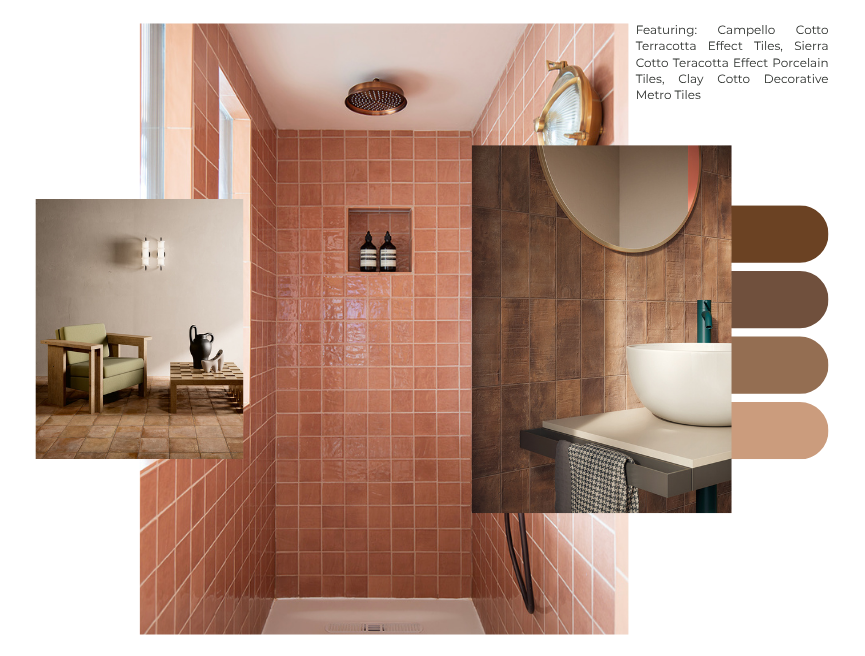 Dijon Tumbled tfloor tiles with a green kitchen island and cabinets 