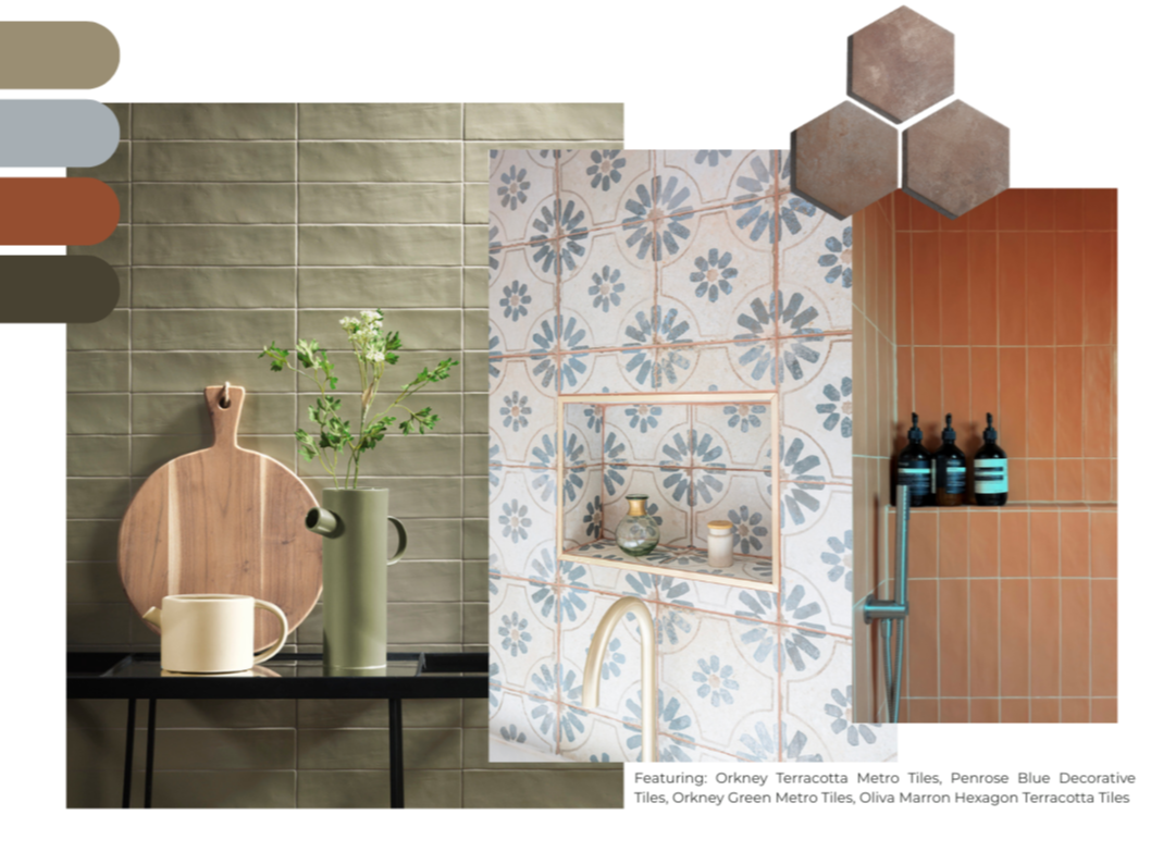 Kitchen with Hambleton Taupe floor tiles with a wood island and stools