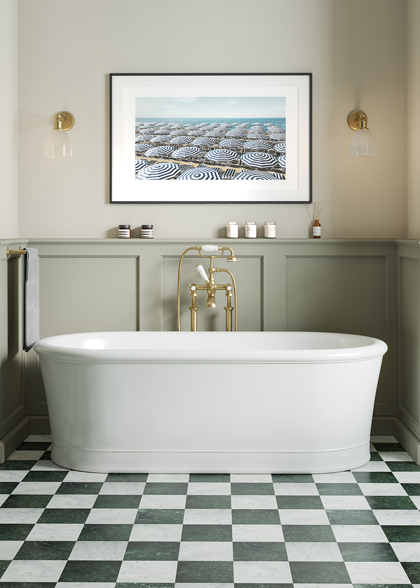 green and white marble bathroom tiles in chequerboard with standalone bath and green panelling