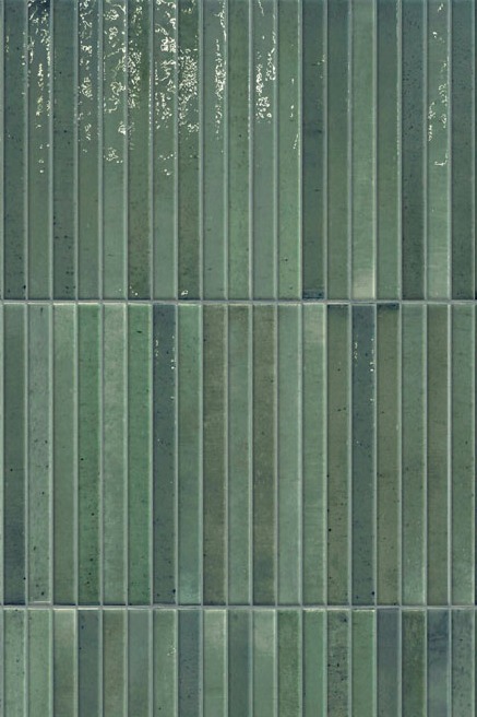 A pattern of vertical Nori Forest Tiles green tiles with varying shades and subtle glossy patches, creating a textured appearance. The tone is calm and earthy.