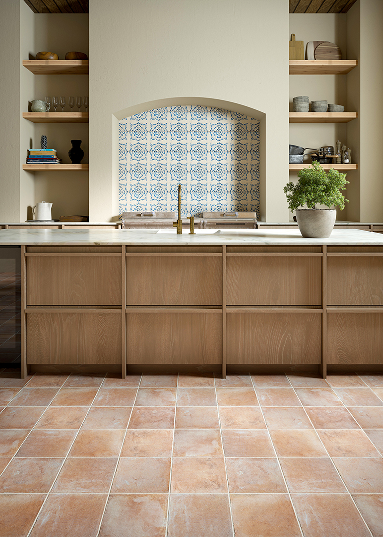 A wooden kitchen with a sink and shelves with campello Rosato square