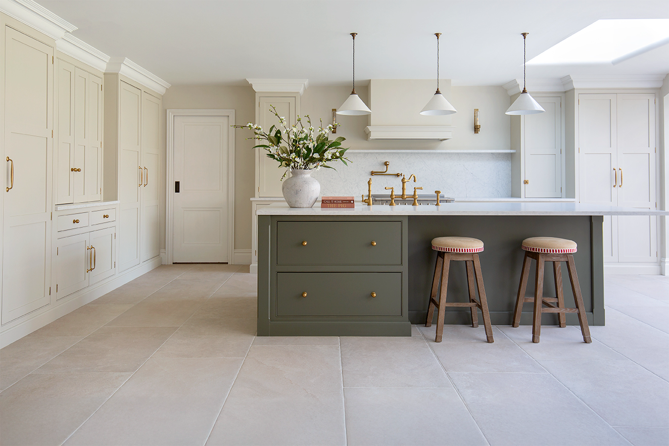 Lullington Beige Stone Effect Porcelain Tiles in Kitchen with Green Island