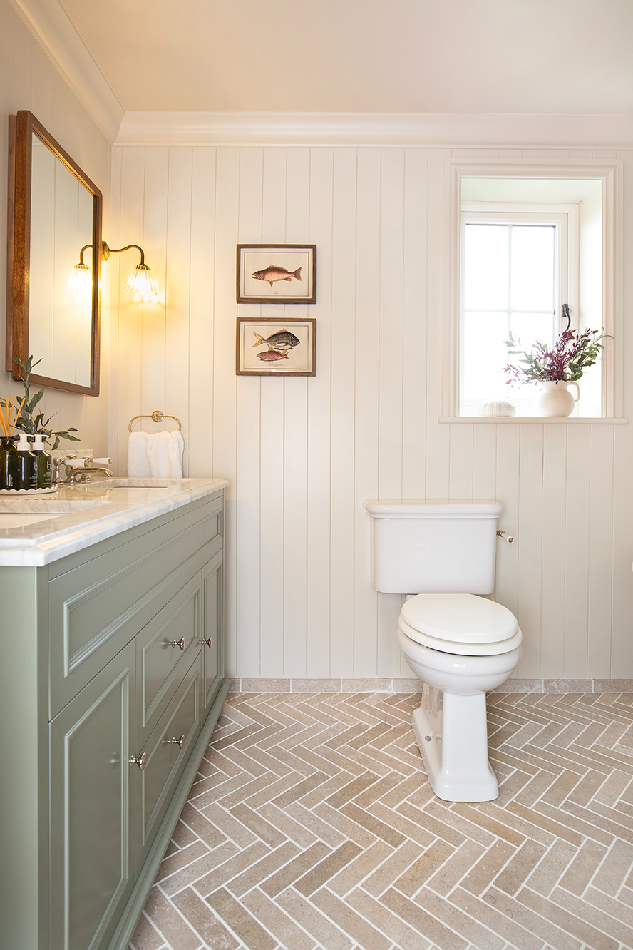 Dijon Tumbled Herringbone Bathroom Flooring