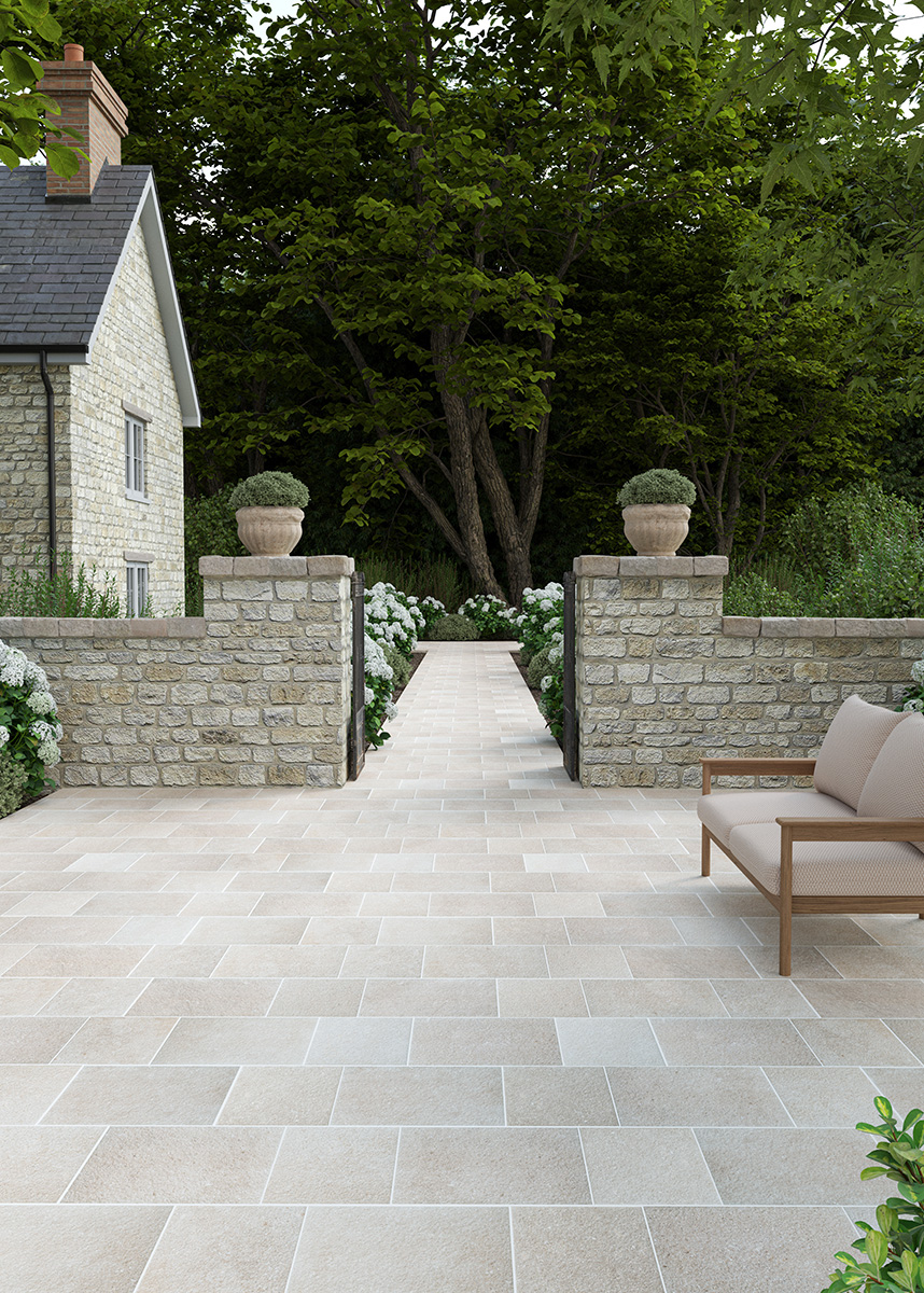 Clariston Beige Stone effect cobble path leading up to a neutral house 