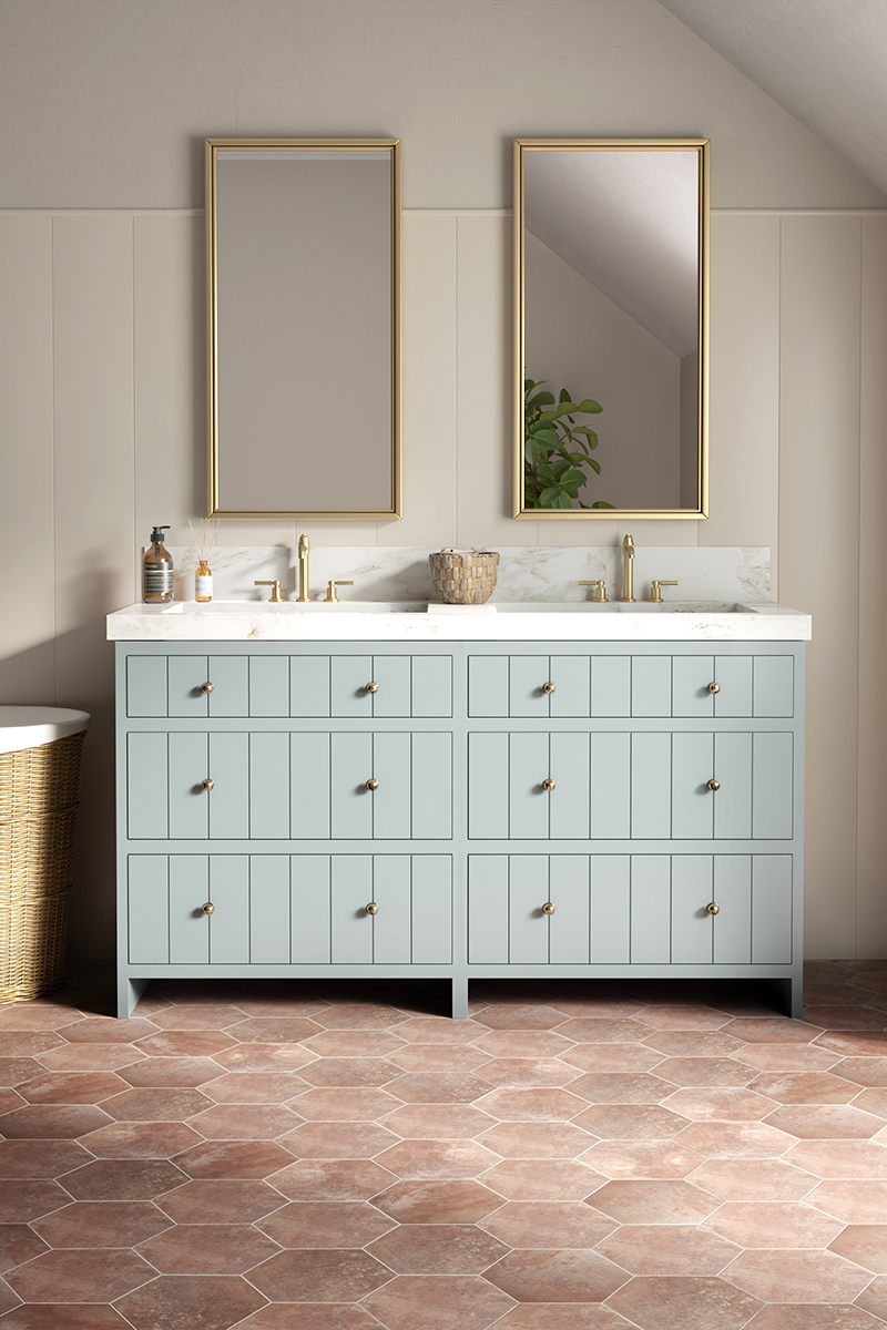 hexagon terracotta floor tiles with pale blue bathroom vanity unit