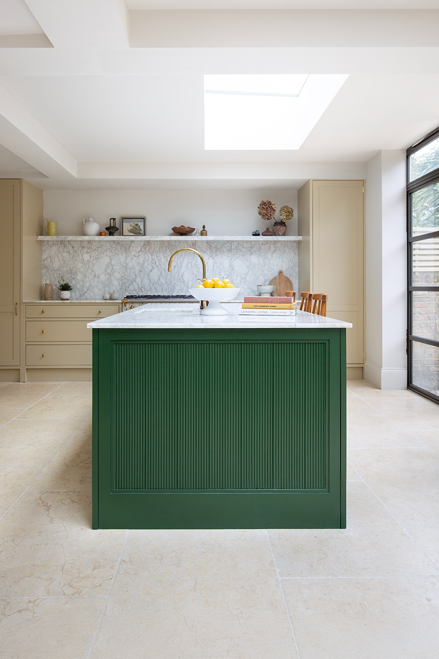 Monte Carlo Tumbled Limestone Kitchen Tiles with Green Kitchen Island