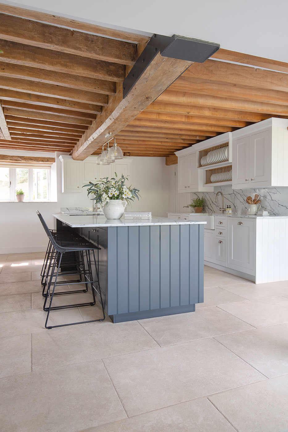 Hambleton Beige Stone Effect Tiles in Kitchen with wooden beams 