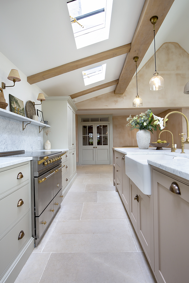 Versailles Softly Aged Limestone Flooring in neutral kitchen