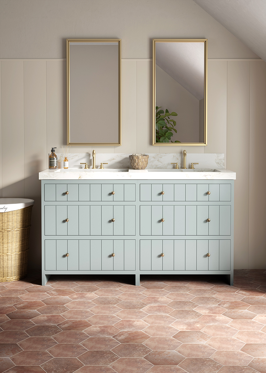 Oliva marron hexagon floor with a double blue vanity unit bathroom 