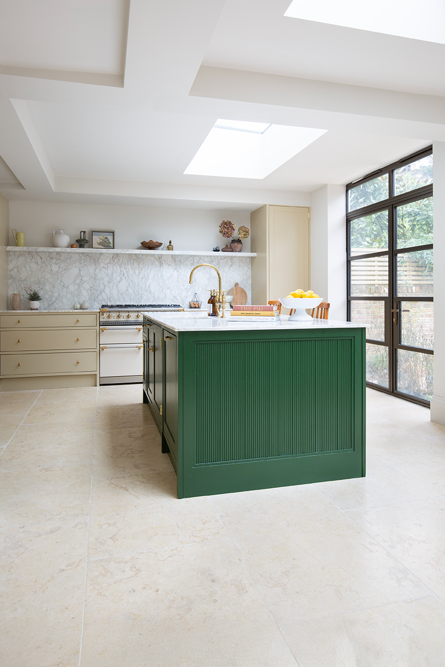 Monte Carlo Tumbled Limestone Tiles inn Green and Butter Yellow Kitchen